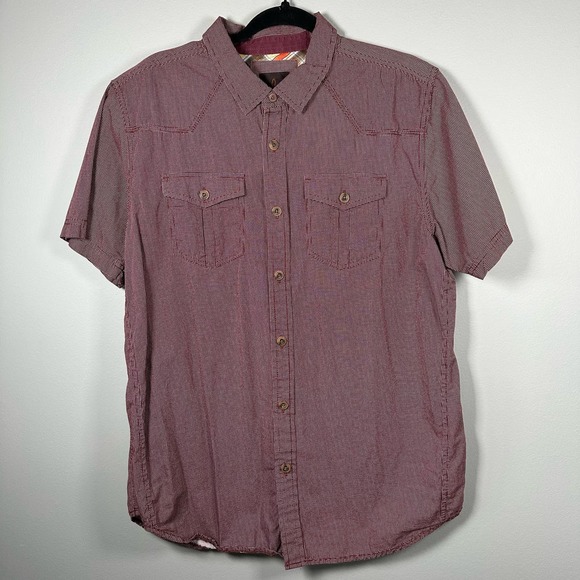 Prana Large Burgundy and White Check Short Sleeve Button Up Shirt‎ - Picture 1 of 4